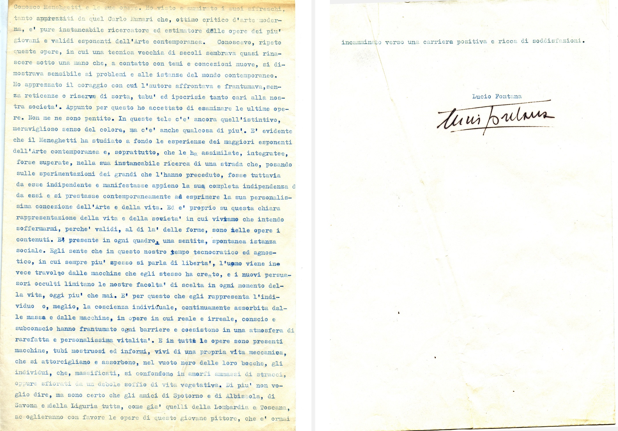 Lettera autografa di Lucio Fontana a Renato Meneghetti, 1968